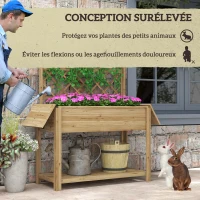 Outsunny Jardinière rectangulaire sur pieds avec treillis 2 tablettes latérales rabattables 1 étagère inférieure bois(m-7)