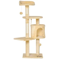 PawHut Albero Tiragraffi per Gatti in Legno a 4 Livelli con Cuccia, Giocattoli, Pallina e Corda, Altezza 114 cm(m-10)