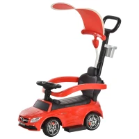 HOMCOM Correpasillo para Niños Mayores de 1 Año Cochecito Automóvil Diseño 3 en 1 Empujador Andador Función de Bocina con Capota Reposapiés Portavasos 84x40x83 cm Rojo(m-10)