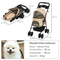 PawHut Hundewagen Hundebuggy, klappbar, 2 Sicherheitsleinen, 2 Becherhalter,  67 x 45 x 96 cm, Khaki(m-3)