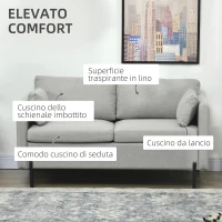 HOMCOM Divano 2 Posti per Soggiorno in Tessuto Effetto Lino e Acciaio con Tasche Laterali, 143x73x77cm, Grigio(m-5)