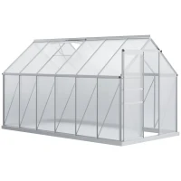Outsunny Invernadero Policarbonato Aluminio de Jardín 190x375x199 cm 7,1m² Caseta de Exterior con Base Puerta Corredera y 2 Tragaluces para Cultivo Plantas Semillas Transparente(m-1)