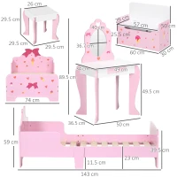 ZONEKIZ 4PCs Kids Bedroom Furniture Set with Bed, Toy Box Bench, Dressing Table and Stool, Princess Themed, for 3-6 Years Old, Pink(m-3)