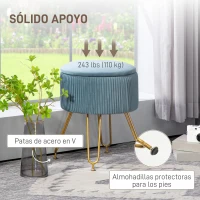 HOMCOM Puff Almacenaje Tapizado en Terciopelo Banco de Almacenaje con Patas de Acero Ø40x48 cm Azul Claro(m-7)