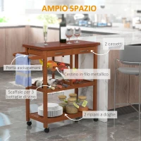 HOMCOM Carrello Portata da Cucina in Legno con Portabottiglie, Cestello, 2 Ripiani, 2 Cassetti, Legno di Pino, Resistente, Agevole, Versatile, 84.5x37.2x85cm(m-4)