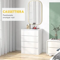 HOMCOM Cassettiera 4 Cassetti in Truciolato con Guide in Metallo e Maniglie Scanalate, 60x40x80 cm, Bianco(m-4)