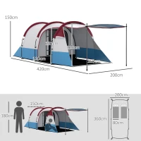 Outsunny Tenda da Campeggio Impermeabile con 2 Aree e 3 Ingressi, in Poliestere e Fibra di Vetro, 420x200x150 cm, Rosso(m-3)