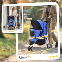 PawHut Passeggino per Cani Piccoli Pieghevole, Carrozzina per Cani con Ruote con Freni, Portabicchieri, Cestino Portaoggetti e Imbottitura Rimovibile e Lavabile, per Animali Domestici 10 kg, Blu(m-3)