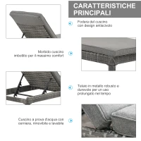 Outsunny Set 2 Sdraio da Giardino Cuscino Imbottito Regolabile su 6 Livelli in Rattan 196 x 65 x 22 cm, Grigio(m-7)