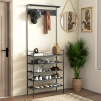 HOMCOM Coat Stand, Industrial Coat Rack with Shoe Storage, Free Standing Hall Tree with 5 Hooks, 5 Shelves and Steel Frame for Hallway, Entryway, Grey Marbled(m-7)