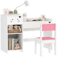 AIYAPLAY Rabbit-Themed Kids Desk and Chair Set with Bookcase, Drawers, Shelves, for Ages 3-6 Years, Whtie/Pink(m-1)