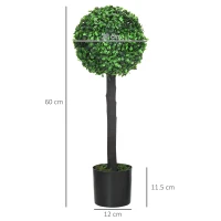 HOMCOM Set of 2 Artificial Plants Boxwood Ball Trees in Pot Fake Plants for Home Indoor Outdoor Decor, 20x20x60cm, Green(m-3)