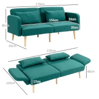 HOMCOM 2/3 Seater Sofa Bed, Convertible Bed Settee, Fabric Sofa Couch with 2 Cushions for Living Room, Guest Room, Green(m-3)