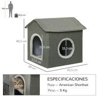 PawHut Casa para Gatos Cueva para Gatos con 2 Puertas y Cojín Lavable 39x43,5x40,5 cm Gris(m-3)