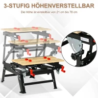 HOMCOM Werktisch Spanntisch Werkbank Werkstatt Versenkbare und klappbare Tischplatte Belastbarkeit Arbeitstisch höhenverstellbarer Tisch Metall Bambus Naturholz+Schwarz+Rot 68 x 60 x 21-78 cm(m-8)