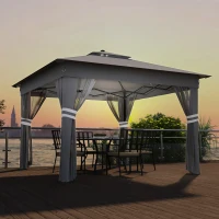 Outsunny 3.36 x 3.36m Pop Up Gazebo Party Tent with Solar-Powered LED Lights, Adjustable Event Shelter with Netting, Grey(m-2)