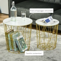 HOMCOM Set 2 Tavolini da Salotto Moderni Impilabili con Ripiano Rimovibile, Tavolino da Caffè con Contenitore per Soggiorno e Camera, Bianco Oro(m-5)