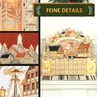 HOMCOM Adventskalender, Weihnachtsdorf, 18 LEDs, 24 Schubladen, wiederverwendbar, 45 x 9 x 42,5 cm(m-6)