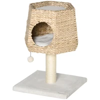 PawHut Árbol Rascador para Gatos Pequeño Altura 66 cm Torre Escalador de Gato con Cueva de Juncos Cama Superior Cojines Poste Rascador de Sisal y Bola Colgante Crema y Natural(m-11)