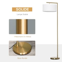 HOMCOM Lampadaire lampe à pied abat-jour en tissu de lin base ronde stable pour salle bureau chambre à coucher 47 x 37 x 153 cm or et blanc(m-5)