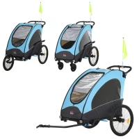 HOMCOM 3 In 1 Foldable Children Bike Trailer Kids Stroller Jogger Transport Buggy Carrier w/ Suspension Rubber Tires Adjustable Handlebar for 2 Kids Blue and Black(m-11)