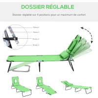 Outsunny Lot de 2 Bains de Soleil Pliable transat inclinable 4 Positions Chaise Longue de Lecture 3 Coussins fournis Vert(m-4)