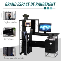 HOMCOM Bureau informatique design industriel 133L x 155l x 123H cm multi-rangements bibliothèque 3 étagères + 2 tiroirs MDF métal MDF noir(m-5)