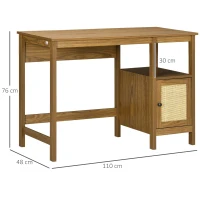 HOMCOM Scrivania in Legno con Ripiano e Armadietto con Anta in Rattan Stile Boho, 110x48x76cm, Noce(m-3)
