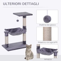 PawHut Tiragraffi per Gatti Multilivello con Amaca e Pallina, Legno e Peluche, 50x36x70cm, Grigio(m-5)