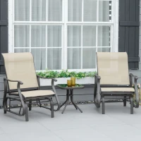 Outsunny Set of 3 Gliding Chair & Tea Table Set, Outdoor Rocker Set with 2 Armchairs, Tempered Glass Tabletop, Khaki(m-2)