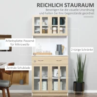 HOMCOM Küchenschrank Hochschrank Küchenbuffet mit Glastüren Geschirrschrank Esszimmerschrank mit 2 Schubladen und 2 Schränken Weiß+Natur 80 x 40 x 180 cm(m-4)