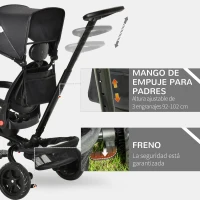 HOMCOM Triciclo Bebé 4 en 1 Bicicleta para Niños 1-5 Años con Asiento Giratorio Capota Ajustable Mango de Empuje Telescópico y Reposapiés Plegable Carga 25 kg 111,5x52x98 cm Negro(m-7)