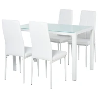 HOMCOM Set 5 Pezzi con 1 Tavolo e 4 Sedie per Cucina o Sala da Pranzo in Finta Pelle, Metallo e Vetro Temperato, Bianco(m-1)