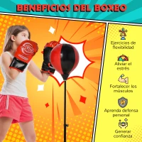HOMCOM Saco de Boxeo para Niños de +3 Años Altura Ajustable Set de Boxeo Punching Ball con Guantes e Inflador Base Rellenable 33x33x73-109 cm Negro y Rojo(m-8)