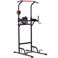 HOMCOM Station de traction musculation multifonctions punching ball chaise romaine hauteur réglable acier noir rouge(m-1)