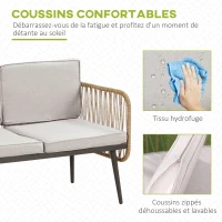 Outsunny Ensemble salon de jardin 4 pièces canapé 2 places + 2 fauteuils + 1 table basse plateau verre trempé 8 coussins - métal et résine tressée - beige(m-5)