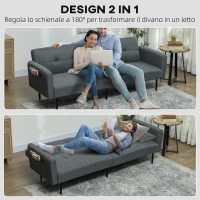 HOMCOM Divano Letto Clic Clac con Schienale Regolabile in Tessuto Effetto Lino, Legno e Acciaio, 200x77x72 cm, Grigio(m-4)