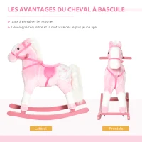 HOMCOM Cheval à Bascule en Bois et Peluche pour Enfant Cheval de Cowboy peluche Pour Enfants de 3-6 Ans Jouet balançoire avec Effet sonore Selle rênes Rose Blanc(m-5)