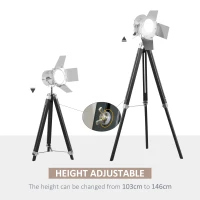 HOMCOM Industrial Tripod Floor Lamp, Nautical Cinema Standing Spotlight with Wood Legs and Adjustable Height for Living Room, Bedroom, Black and Silver(m-4)