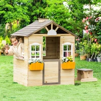 Outsunny Wooden Playhouse for Kids Outdoor Wendy House with Door, windows, Bench, Service Stations, Flowerpot Holder, For Ages 3-7 Years(m-14)