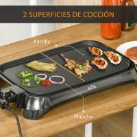 HOMCOM Plancha de Asar Eléctrica Cocina 1600W Aluminio con Temperatura Regulable Superficie de 40,6x25,2 cm Revestimiento Antiadherente y Bandeja de Goteo 53,5x31x8 cm Negro(m-4)