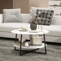 HOMCOM 2-Tier Round Coffee Table with Storage Shelf, Living Room Table with Marble Effect Top and Steel Frame, White(m-9)