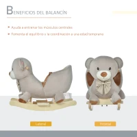HOMCOM Caballito Balancín Infantil en Forma de Osito de Felpa para Bebés 18-36 Meses con Sonido y Cinturón 60x33x50 cm Gris(m-5)