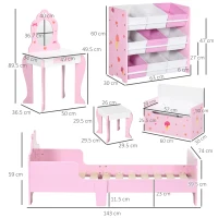 ZONEKIZ 5PCs Kids Bedroom Furniture Set with Bed, Toy Box Bench, Storage Unit, Dressing Table and Stool, Princess Themed, for 3-6 Years Old, Pink(m-3)