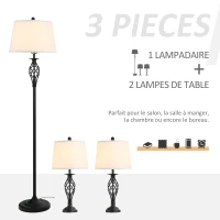 HOMCOM Lot de 3 luminaires design contemporain - lampadaire sur pied + 2 lampes de tables - métal noir polyester coton blanc(m-4)