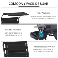 Outsunny Silla Mecedora de Jardín Plegable Tumbona Reclinable con Techo Protección Solar Reposacabezas Extraíble y Reposapiés Estructura de Acero 120x67x102 cm Negro(m-8)