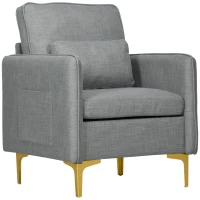 HOMCOM Poltroncina Moderna con Tessuto effetto Lino, Gambe in Acciaio e Tasche laterali, 72x72x90cm, Grigio(m-10)