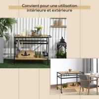 Outsunny Desserte de jardin chariot pour plancha en bois et métal 2 étagères 3 crochets 107 x 65 x 80 cm noir naturel(m-7)