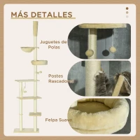 PawHut Árbol para Gatos de Suelo a Techo de 230-250 cm con Altura Ajustable Múltiples Plataformas Cestos Hamaca Bolas Beige(m-6)