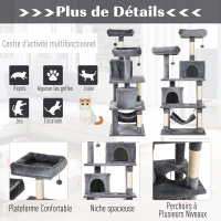 PawHut Arbre à chats multi-équipements griffoirs grattoirs plateformes niches hamac paniers jouets suspendus dim. 60L x 50l x 145H cm gris foncé(m-5)